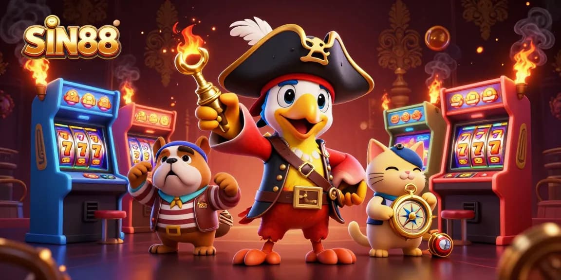 SIN88 app showcases the excitement of online slots with detailed pirate characters and vibrant gaming visuals.