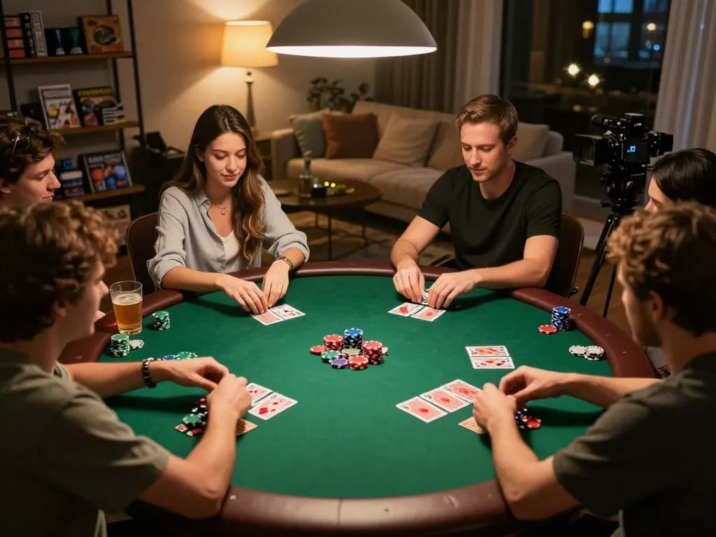 Malam poker Panda Win dengan teman-teman menikmati permainan strategis di meja permainan rumahan yang bergaya.