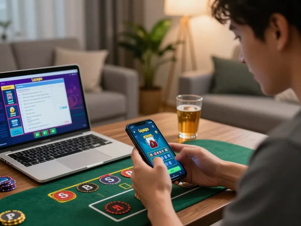 The person excitedly navigates the ligalgo app on a smartphone, showcasing engaging online gaming experience.