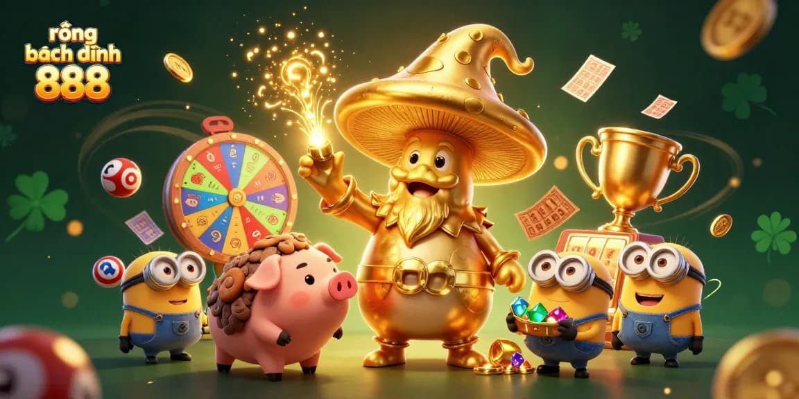 Win with rồng bạch kim 888 in this vibrant lottery scene filled with gold coins and prize wheels.