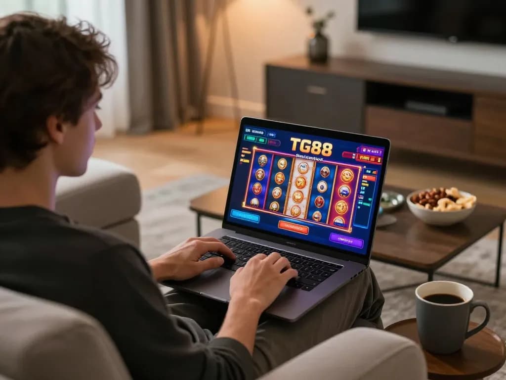 Dive into TG88 gameplay with a cozy online casino scene featuring person using a laptop