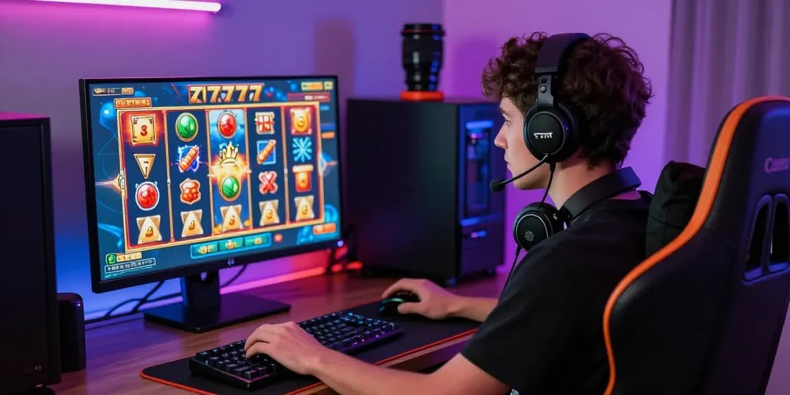 Pengalaman bermain slot777 yang menarik dengan grafik dinamis di layar komputer, suasana gaming yang menyenangkan.