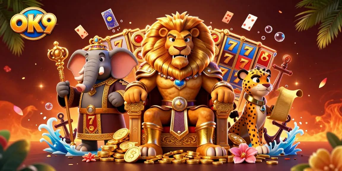 Engage in thrilling slot adventures with OK9, featuring vibrant 3D characters in a packed casino scene.