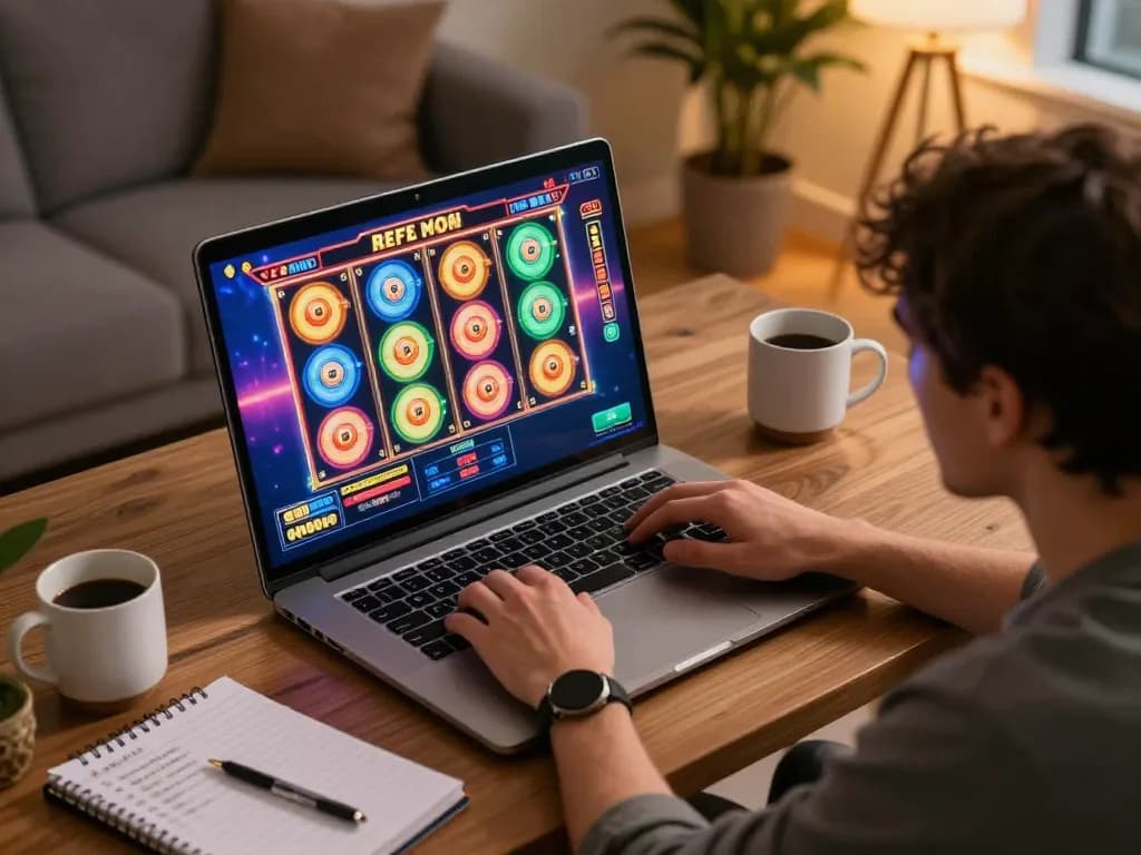 Player immersing in an online slot depo 5k session at home, showcasing digital excitement and responsible gaming.