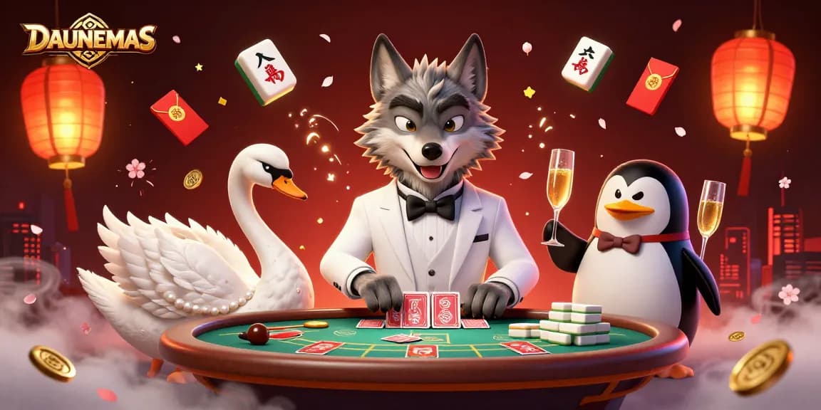 Experience thrilling baccarat action at DAUNEMAS featuring a wolf, elegant swan, and a penguin sommelier.