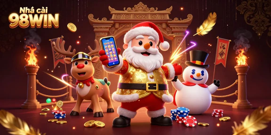 Win big with Nhà cái 98WIN's vibrant 3D gambling scene featuring Santa and friends!