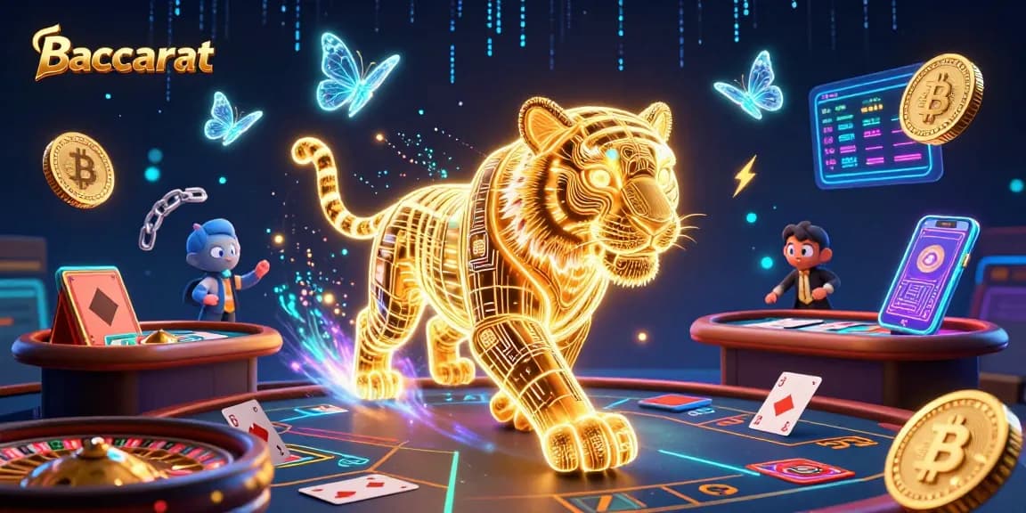 Baccarat table scene featuring a neon-wireframe golden tiger in a vibrant casino setting with digital elements