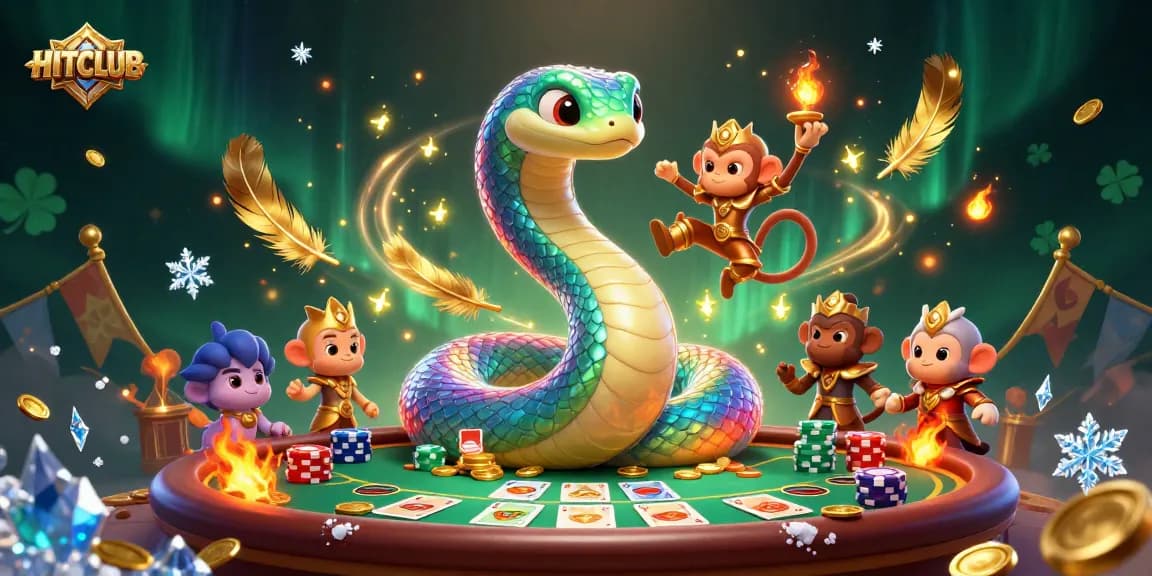 Engage with HITCLUB's vibrant action-packed poker scene featuring energetic characters and dazzling elements.