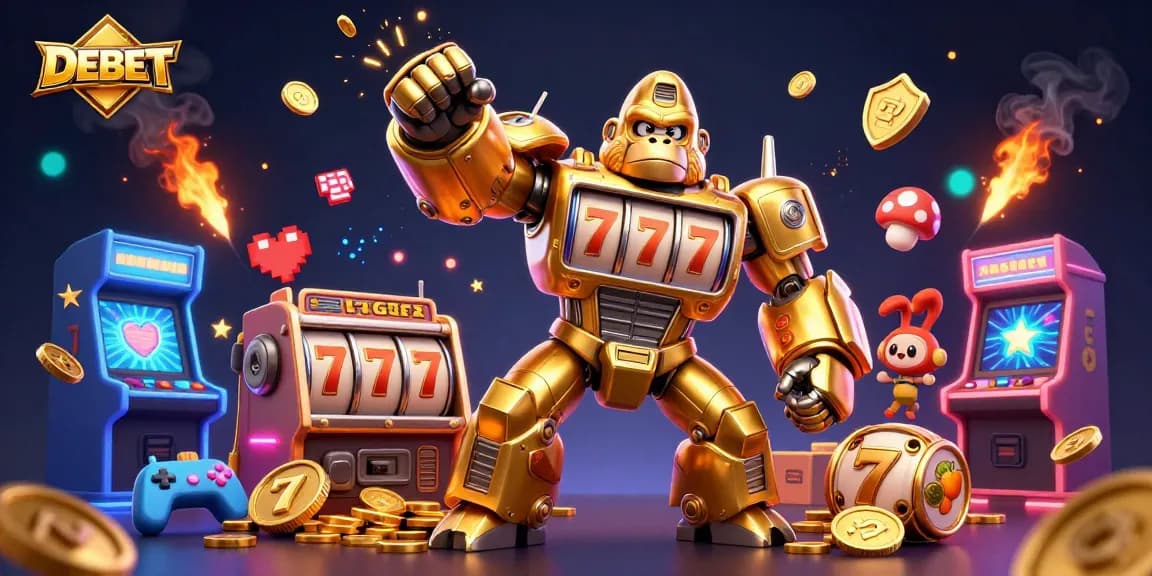 Engage with DEBET's exciting gaming adventure featuring a dynamic golden gorilla mech in a vibrant casino scene.