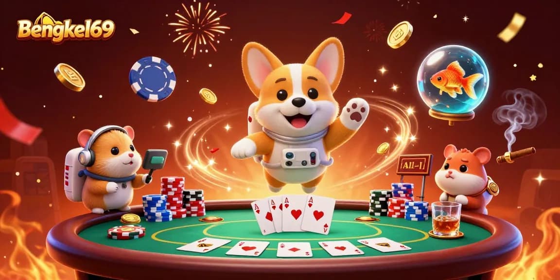 Bengkel69 engages in a vibrant space casino adventure featuring a corgi astronaut, casino elements, and festive confetti.