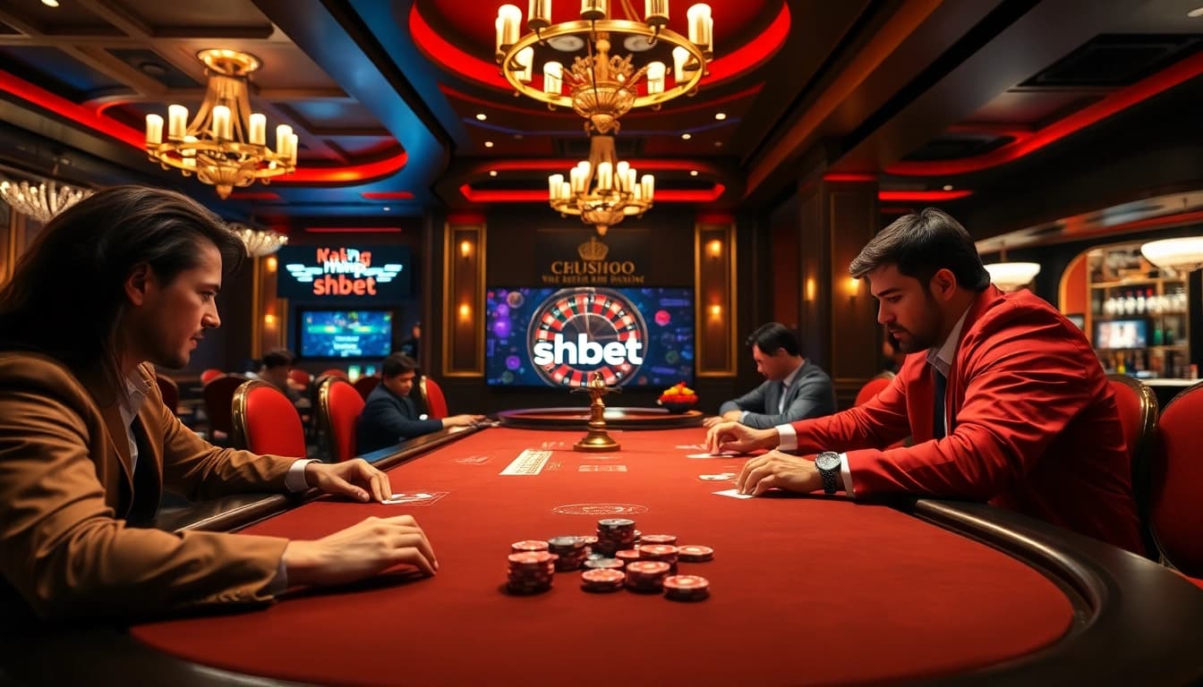 Exciting scene of high-stakes players at a poker table, exploring đăng nhập shbet possibilities.