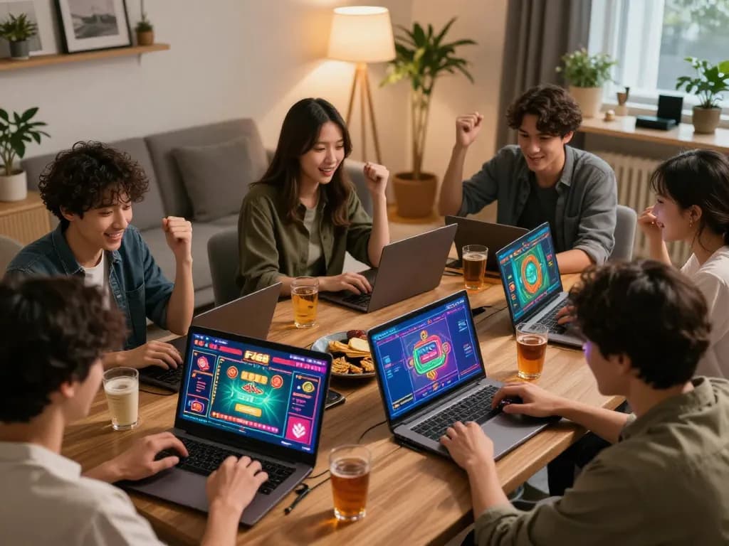 Players enjoying an engaging online casino experience with F168, laptops showing vibrant game interfaces.