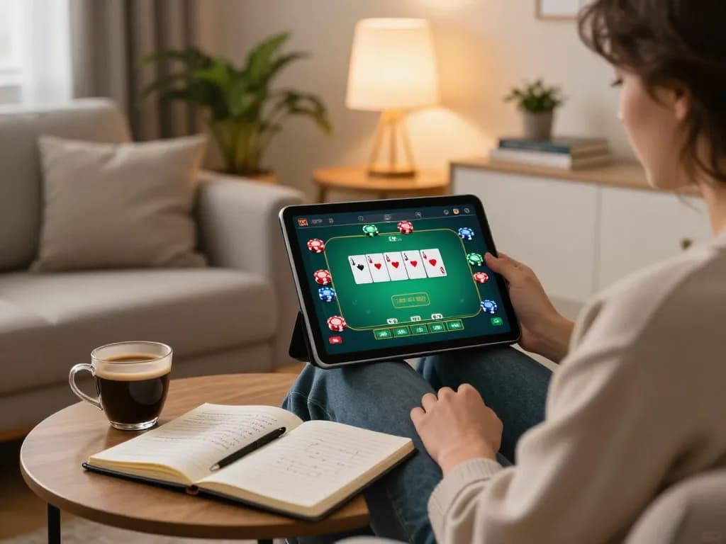 A person engages in online gambling on a tablet, featuring nhà cái uy tín poker game interface, showcasing strategic gameplay.