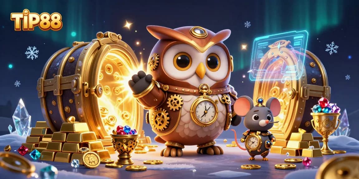 Join the adventure at TIP88 with a 3D time-traveler owl exploring a vibrant casino world.