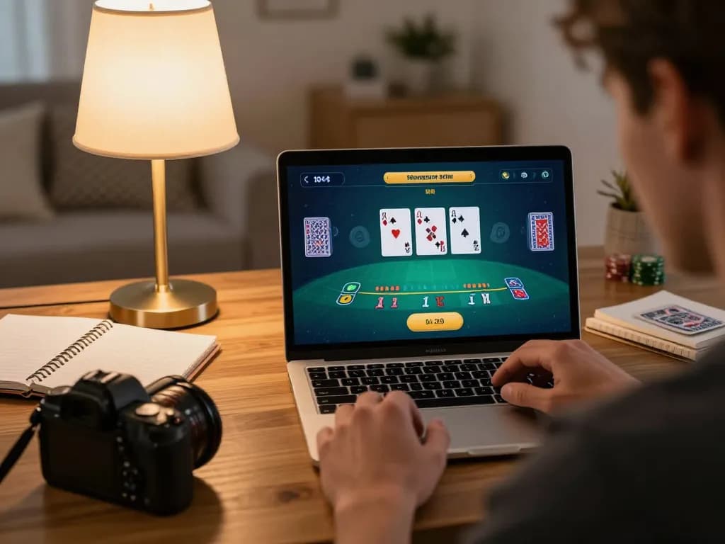 Player enjoying online blackjack with winning hand, showcasing slot gacor 777 strategies in a cozy home setting.