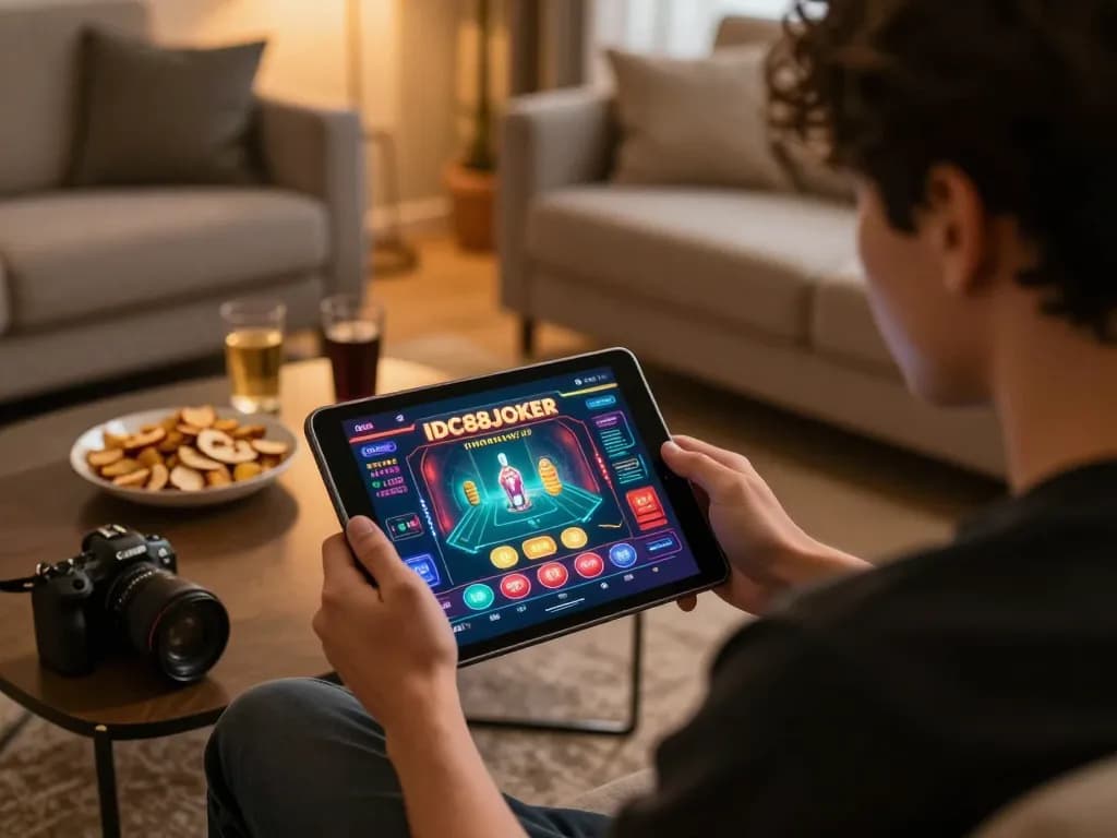 Engaged player navigating IDC88JOKER gaming interface on tablet in cozy living room.