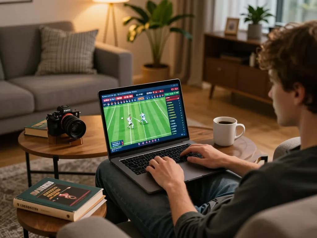 Active sports betting scene with trang cá cược bóng đá displayed on a laptop, emphasizing strategic gaming in a cozy environment.