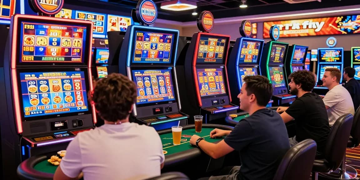 Excited players enjoying bonus buy slots UK in a vibrant casino environment with colorful lights and engaging gameplay.
