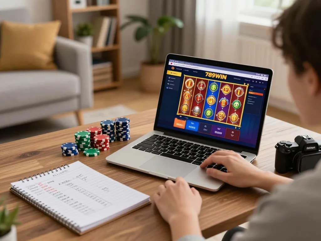 Engaged player enjoying 789WIN online casino gaming with vibrant slot visuals.