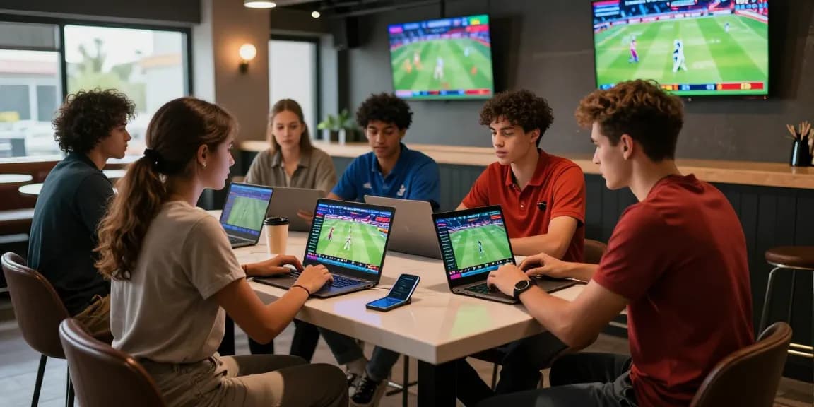 Engaged group placing bets on Fairplay24 platform in modern sports bar with lively atmosphere.
