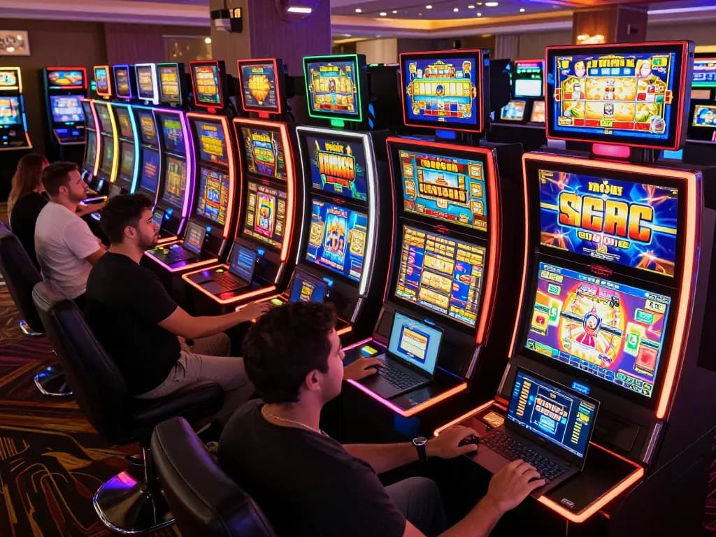 Players engaging with nổ hũ slots in a bright and vibrant online casino environment, showcasing excitement and dynamic gameplay