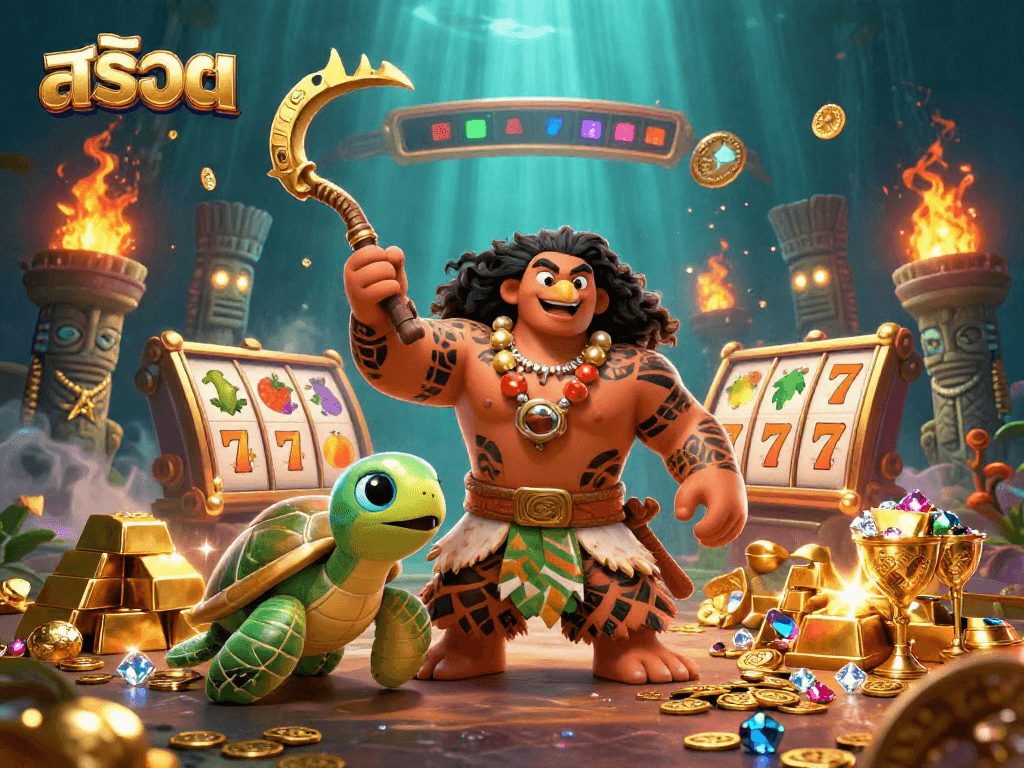 Spin the สล็อต reels with a Polynesian demigod in a vibrant gambling scene overflowing with treasures.