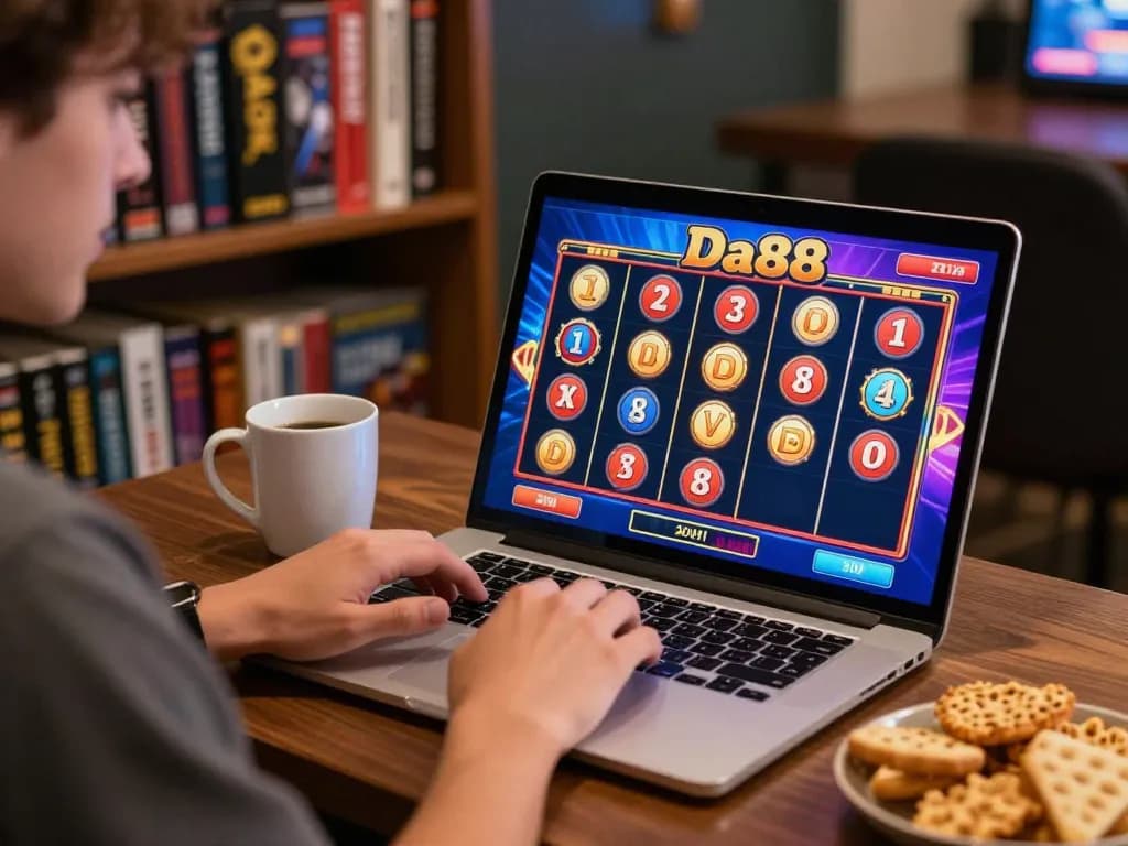 Player enjoying Da88 slots online, immersed in a cozy home gaming atmosphere with vibrant visuals.