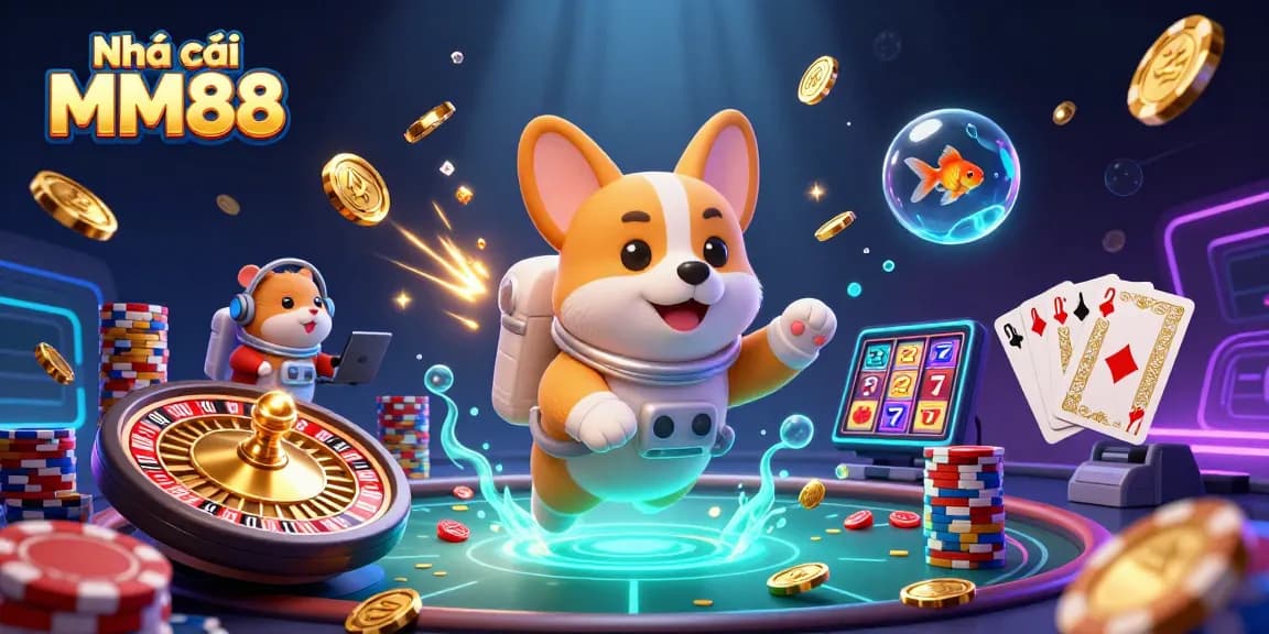 Experience thrilling games with Nhà cái MM88 at this vibrant, cosmic casino scene featuring a floating corgi and exciting elements.