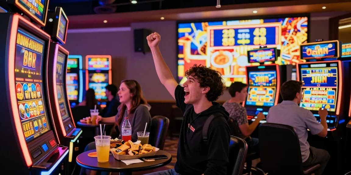 Seorang pemain merayakan kemenangan di situs slot gacor dengan suasana ceria dan pemandangan yang berwarna-warni.