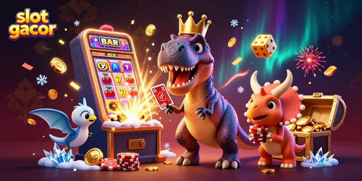 Menangkan jackpot di slot gacor dengan ilustrasi T-Rex yang bermain kartu dan triceratops menumpuk chip emas.