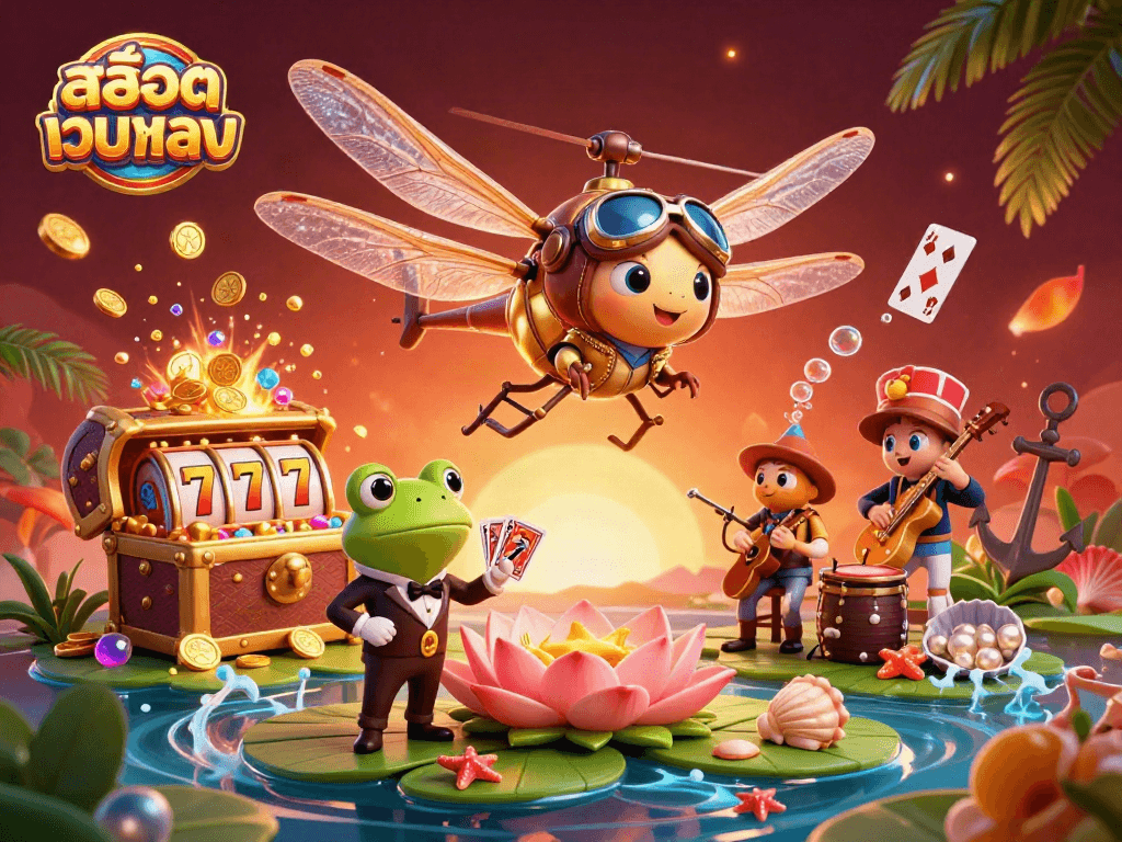 Engage in thrilling gameplay at สล็อตเว็บตรง casinos with vibrant 3D illustration featuring lively characters and rich casino elements.