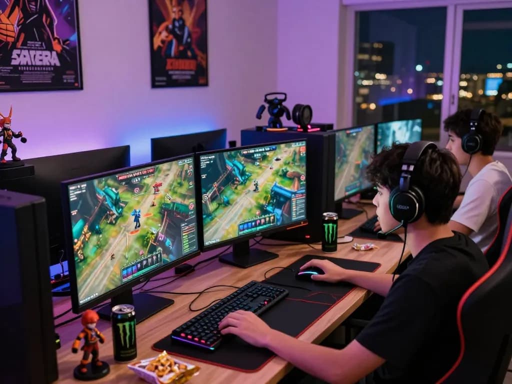 Enthusiastic gamer at desktop with vibrant graphics on screens and gaming collectibles, showcasing passion for online play at https://www.aapkadictionary.com/zeal/