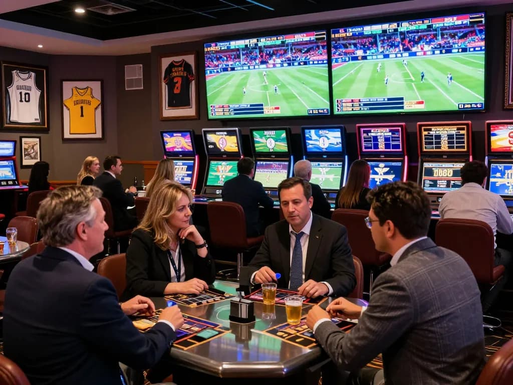 Patrons engaging in exciting sports betting at FB88's vibrant casino area.