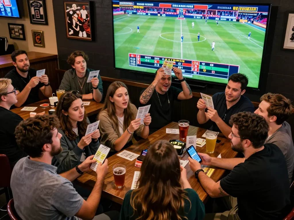 PHTAYA sports betting excitement with friends at a lively sports bar during a game