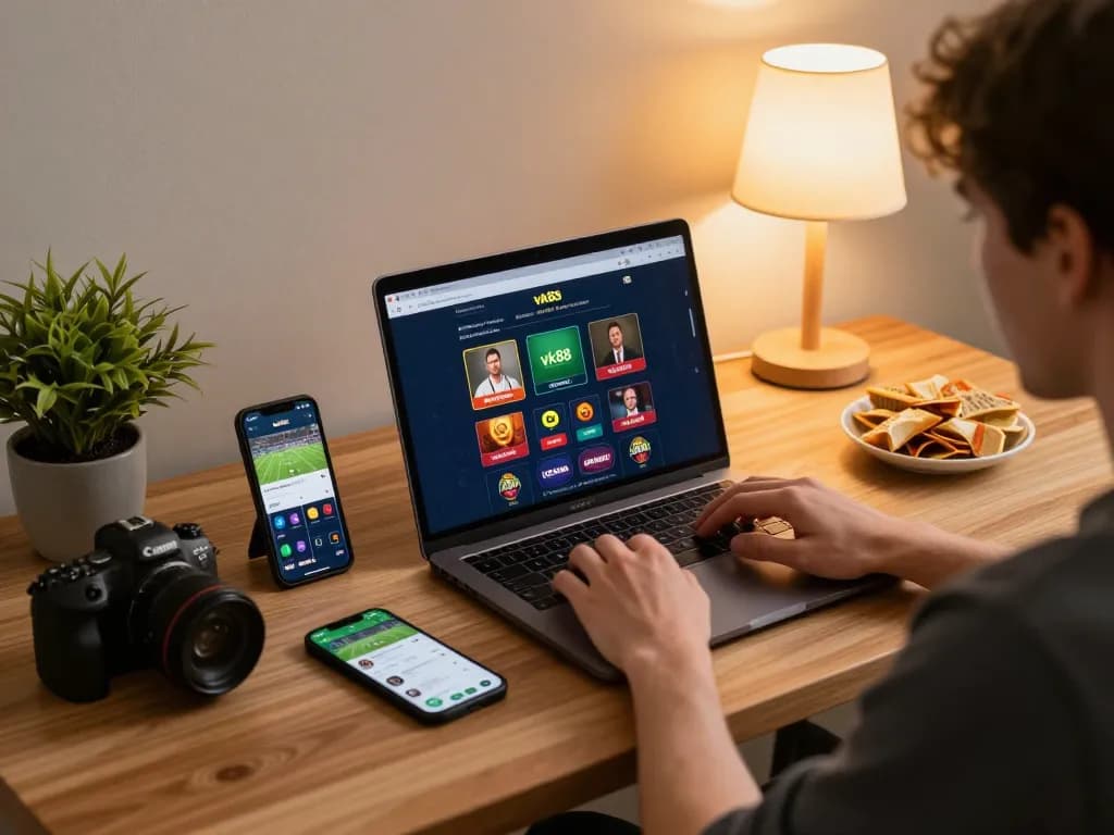 Engaging in vk88 online gaming with a laptop and smartphone in a cozy home setup.