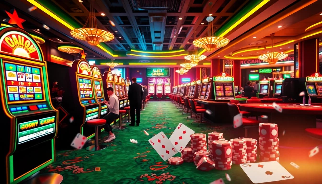 Experience the thrill of slot gacor with vibrant casino scenes featuring excited players and dazzling slot machines.