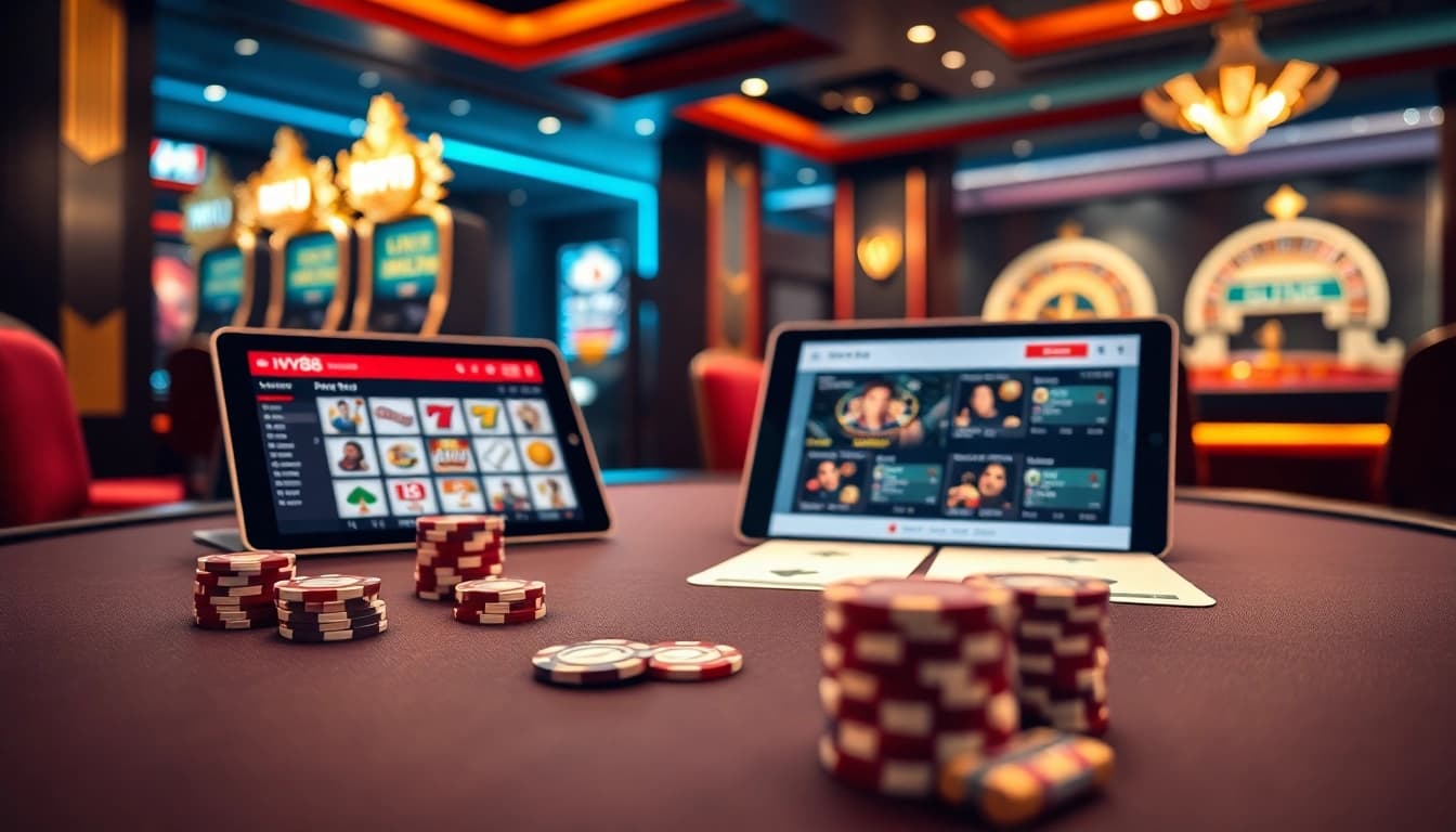 High-stakes poker table showcasing MV88 live betting options amid luxurious casino ambiance.