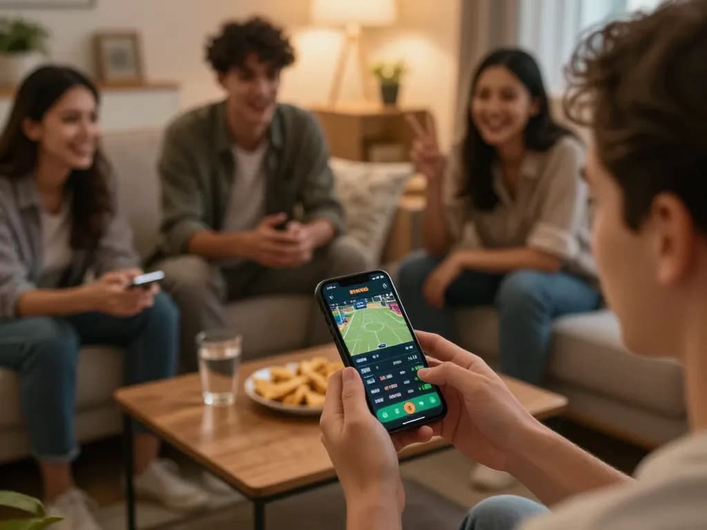 Berinteraksi dengan aplikasi Live Score selama malam taruhan olahraga yang ramah, melacak pembaruan permainan secara real-time