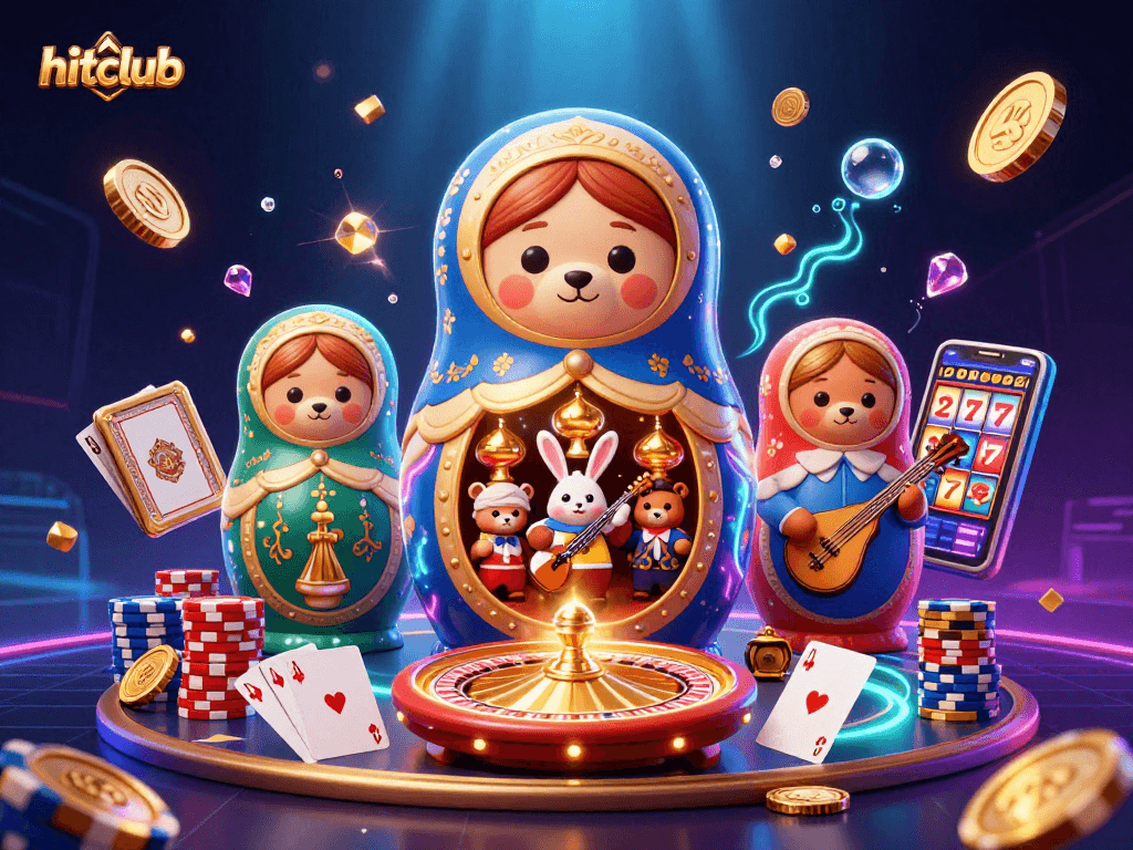 Hitclub gaming experience with vibrant casino elements and characters creating excitement.