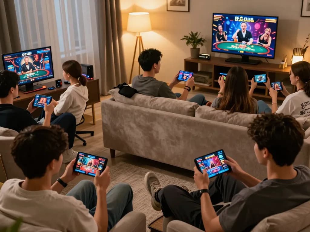B52 CLUB players enjoying diverse games on their mobile devices in a cozy living room.