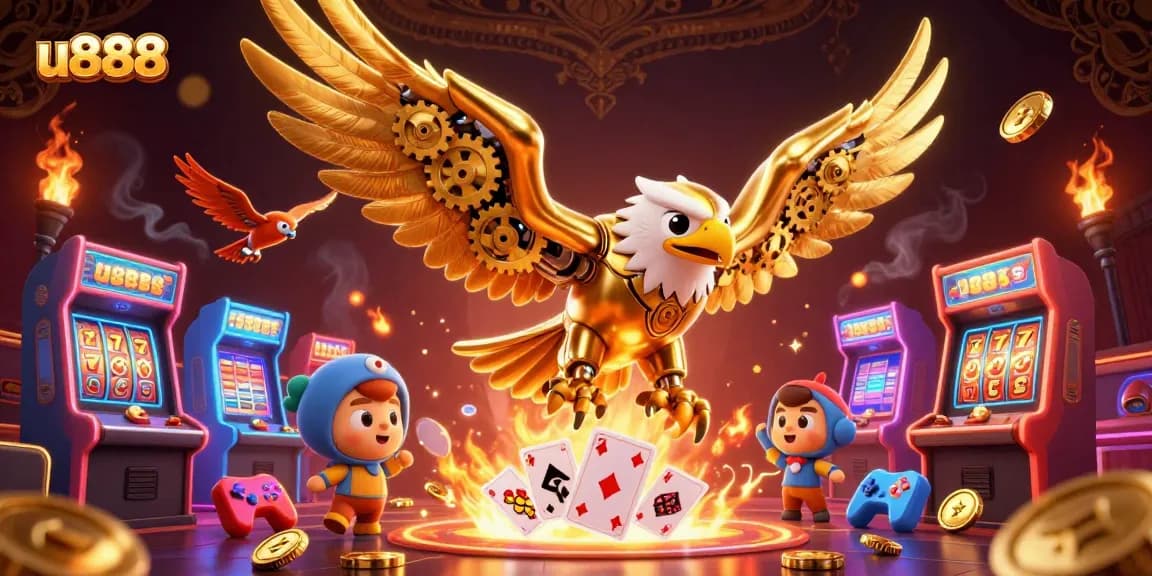 u888 enhances gaming excitement with a cybernetic eagle soaring through an array of slot reels.