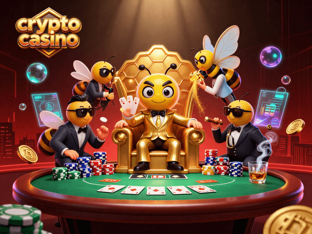 Experience high-stakes action at a crypto casino with our vibrant bumblebee mob boss theme.