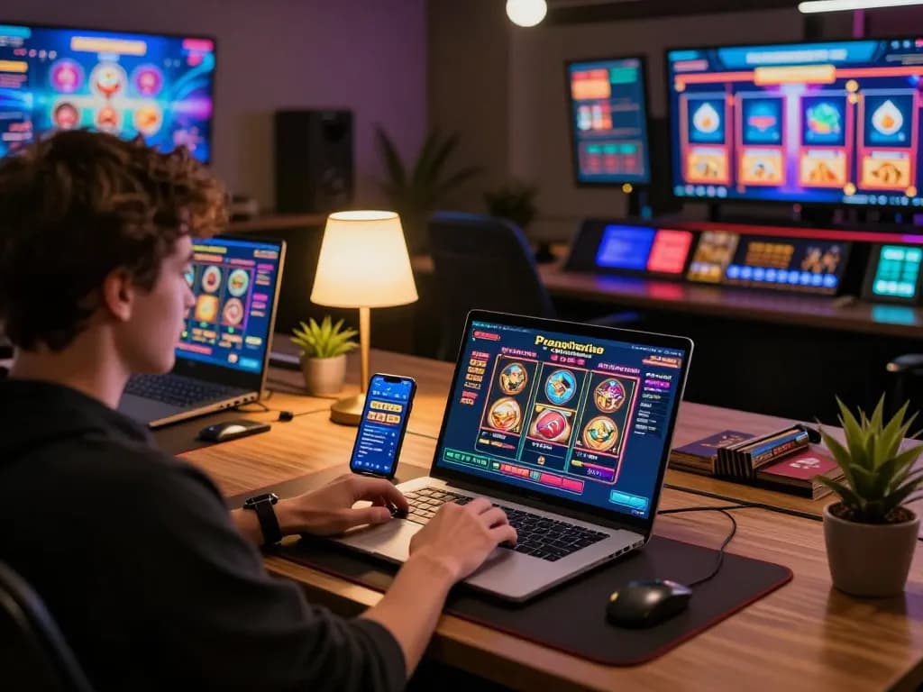 Engaging in Pragmatic Slot gameplay on a sleek laptop at a modern home gaming setup