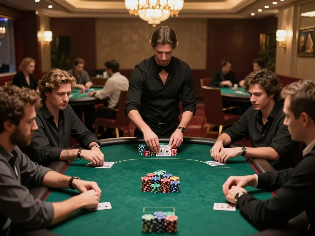 Exciting scene of players at Canada online casinos engaged in a high-stakes poker game with chips and cards.