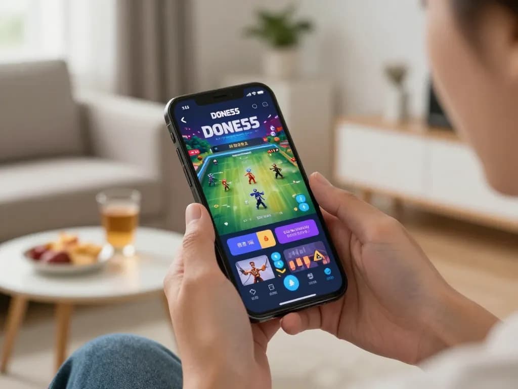 Engaging player using the done55 app on smartphone in a cozy home environment.