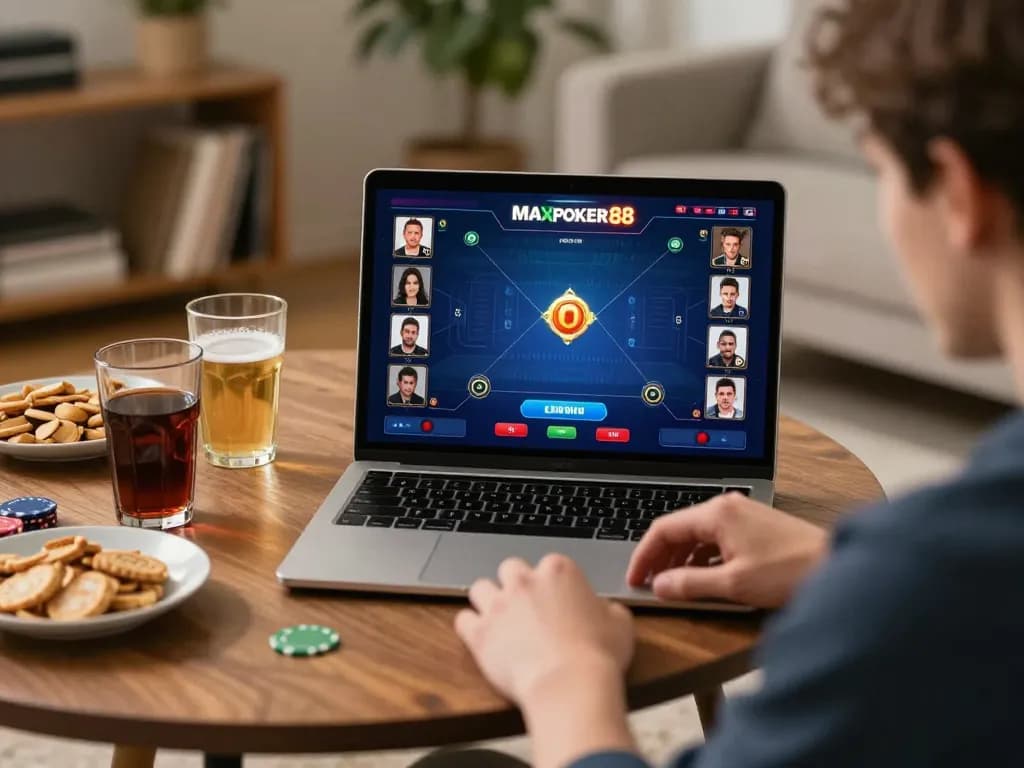 Join the excitement of maxpoker88 online poker with a player enjoying a thrilling game at home
