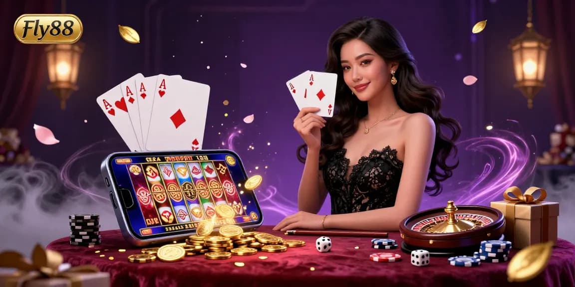 Engage with Fly88's online gaming promotions featuring an elegant Asian woman and dynamic casino elements.