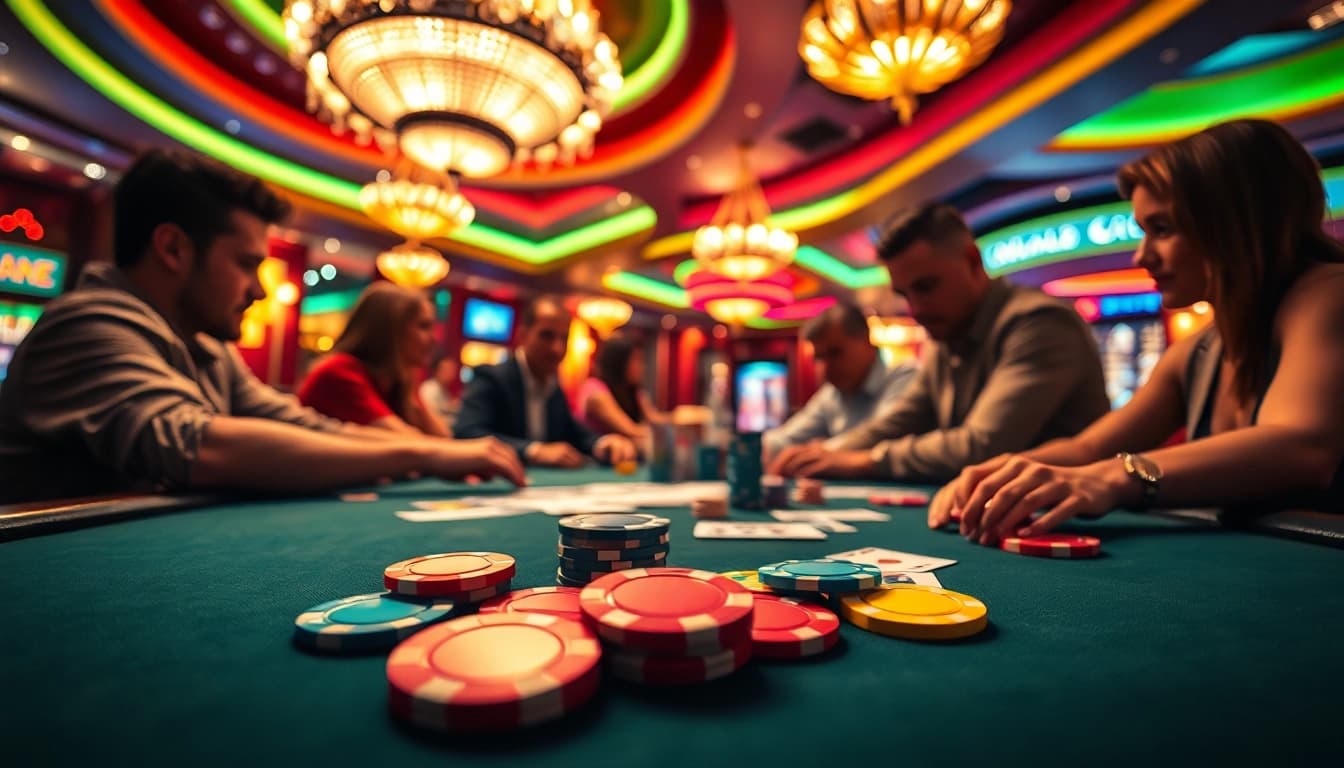 Main event di kasino dengan bbni4d menampilkan pemain fokus dan chip poker berwarna cerah.