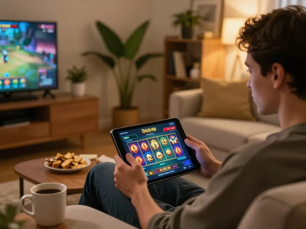Pemain DASI4D menikmati slot online di tablet dalam suasana rumah yang nyaman.