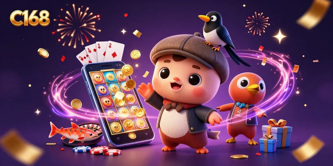 C168 players enjoy spinning slots and winning jackpots in a vibrant casino-themed scene.